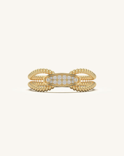 Corded Beauty Ring 18K gold vermeil with double twisted band and moissanite pave rectangular centerpiece