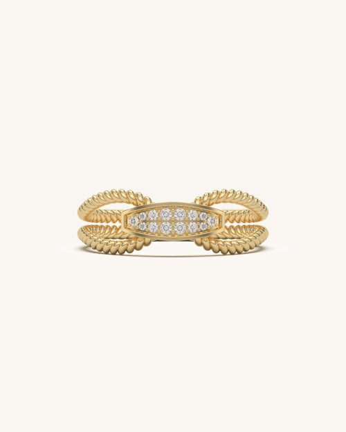Corded Beauty Ring 18K gold vermeil with double twisted band and moissanite pave rectangular centerpiece