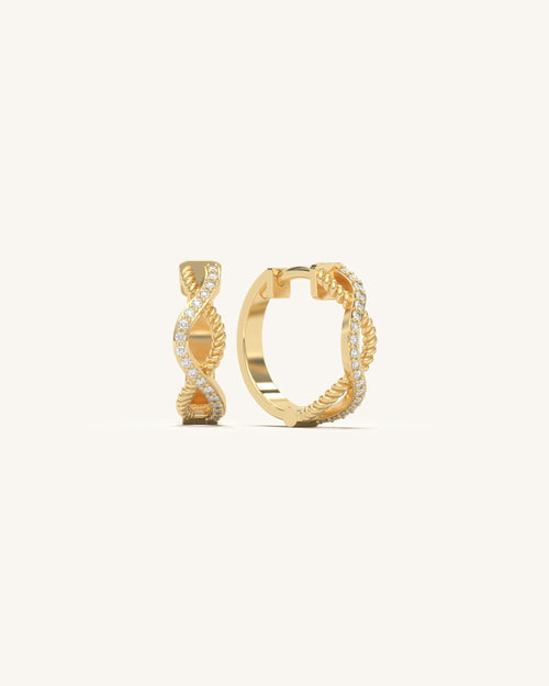 Pair of Rope Serenade Hoops earrings in 18KT gold vermeil on 925 sterling silver, adorned with sparkling moissanite diamonds and twisted rope texture.