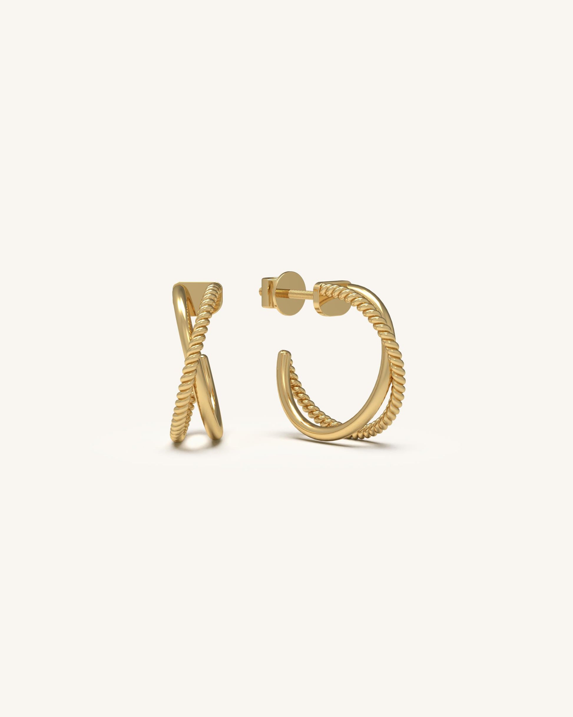 Pair of Braided Brilliance Hoops earrings in 18KT gold vermeil on 925 sterling silver with an open crossover design.