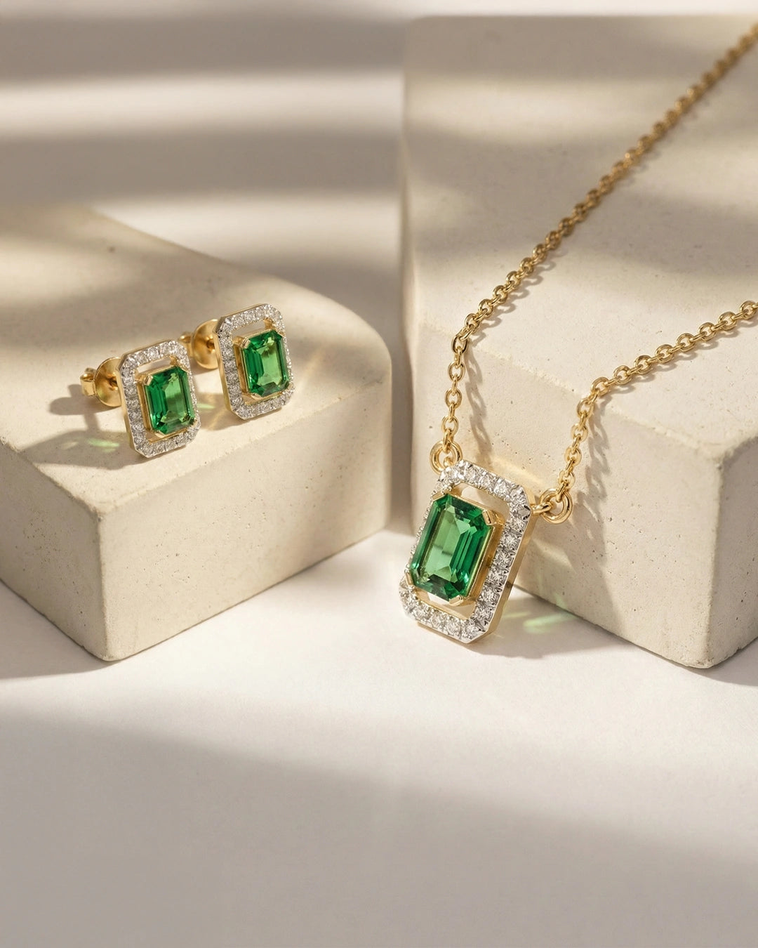 Emerald Halo Necklace & Emerald Halo Studs