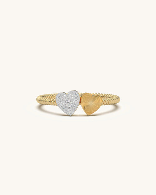 Heart shape gold ring dual heart pavé and textured design
