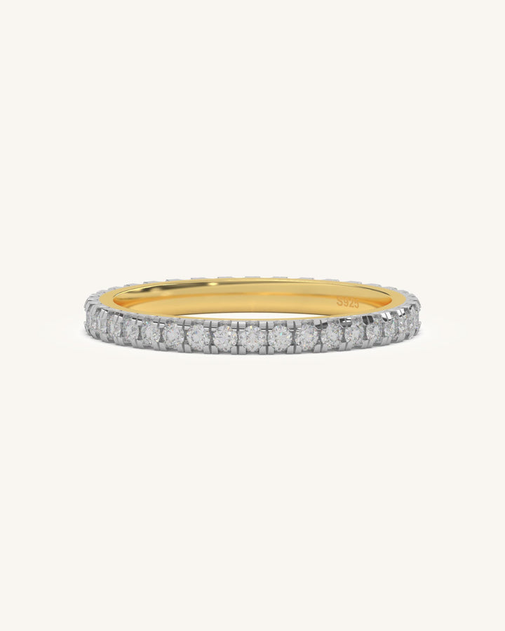 Full Eternity Ring crafted in 925 Sterling Silver 18KT Gold Vermeil, featuring a continuous circle of sparkling Moissanite diamonds