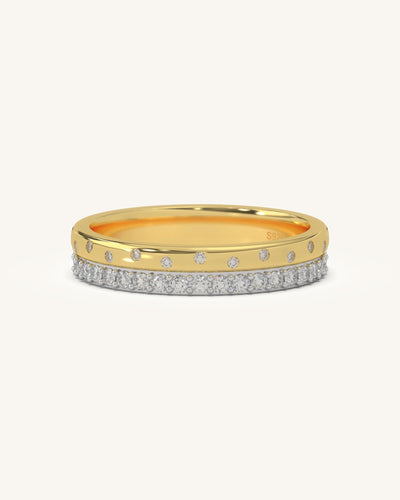 Modern Double Layer Ring in 925 Sterling Silver 18KT Gold Vermeil with Moissanite diamonds