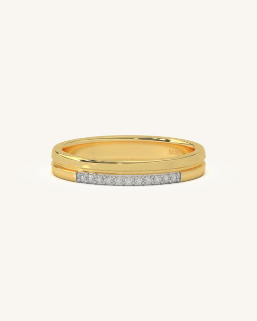 Twin Band Ring in 925 Sterling Silver 18KT Gold Vermeil with pave-set Moissanite diamonds