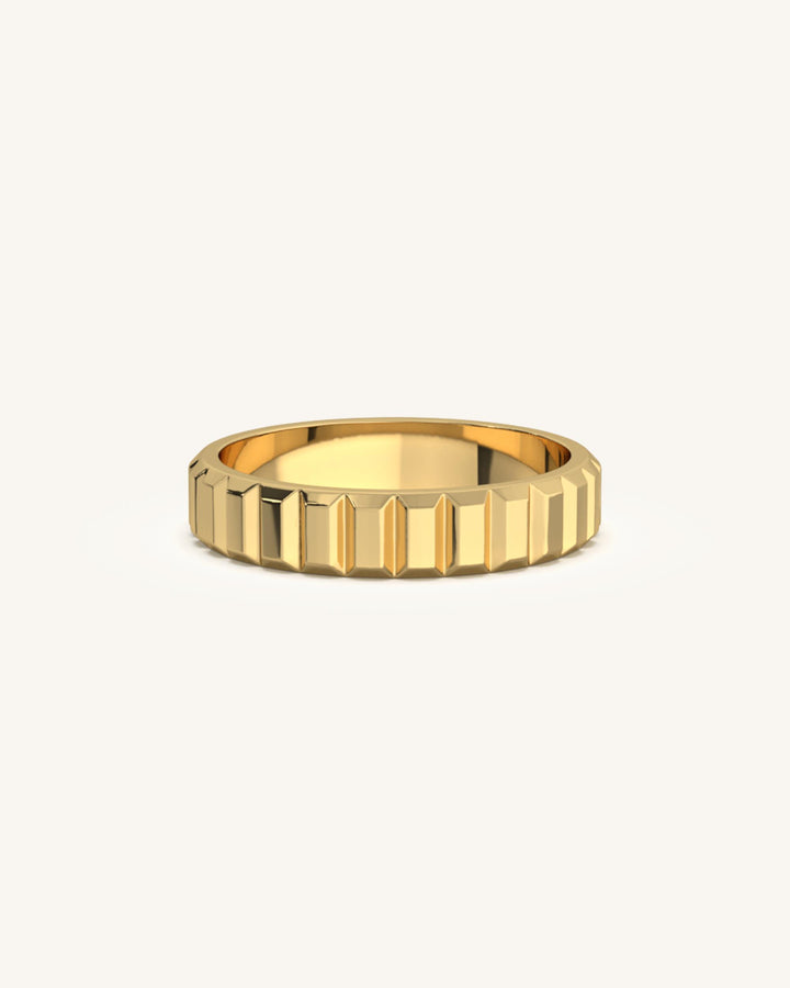 Sphinx Ceramic Band 18KT Gold Vermeil Ring with Engraved Vertical Bar Pattern