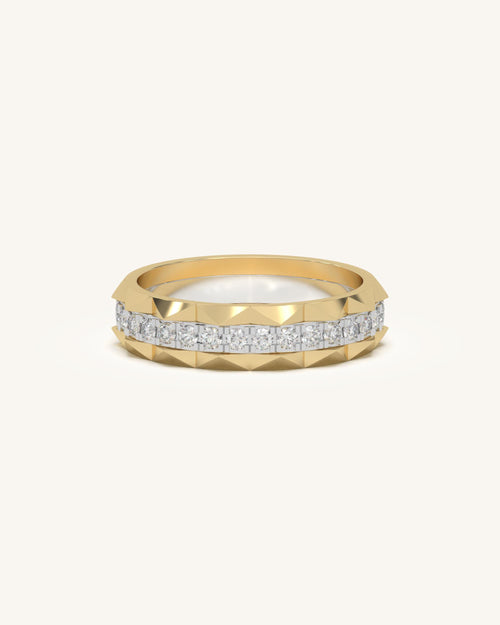 Gold band diamond wedding rings with faceted design in 18KT Gold Vermeil finish