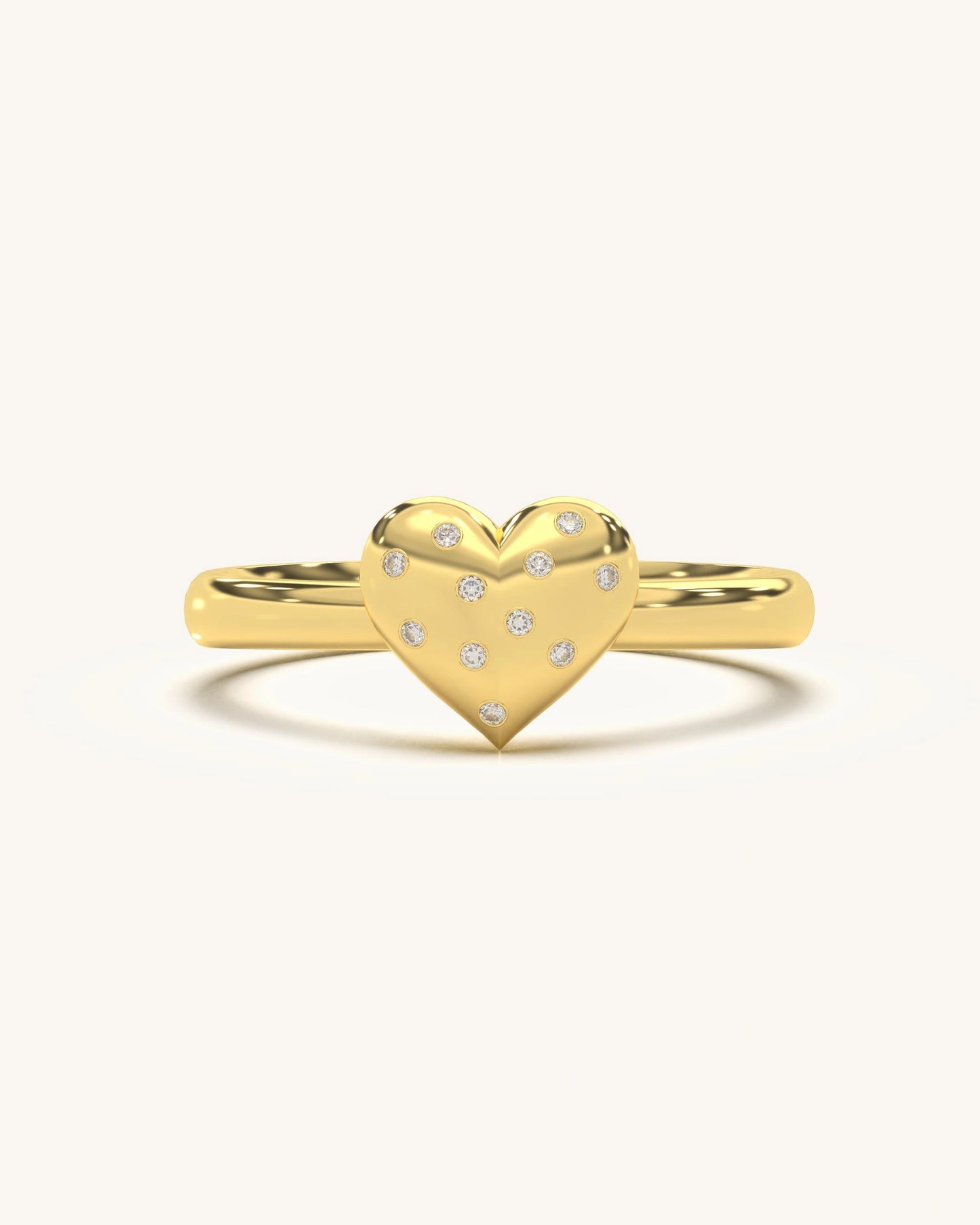 Glossy yellow tone Sparkling Heart Ring in 18KT Gold Vermeil, adorned with tiny moissanite diamonds.