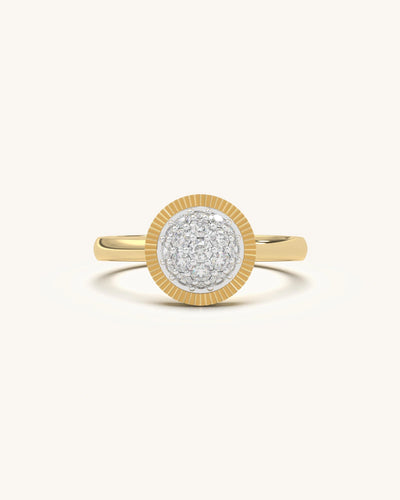 Close-up of a Textured Floral Ring in 18KT Gold Vermeil with sparkling moissanite diamond details.