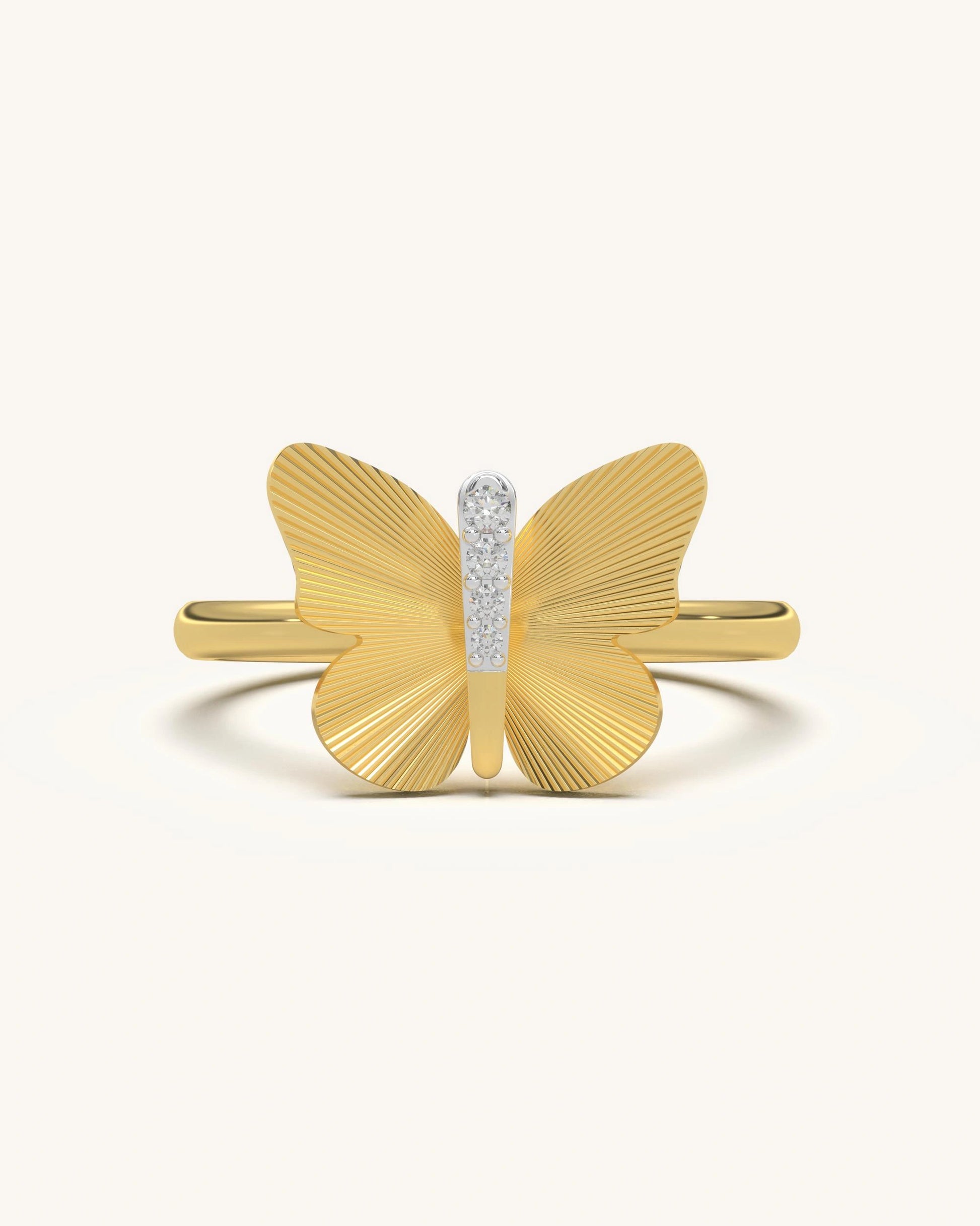 Elegant Butterfly Ring with textured gold wings and moissanite center on 18KT Gold Vermeil