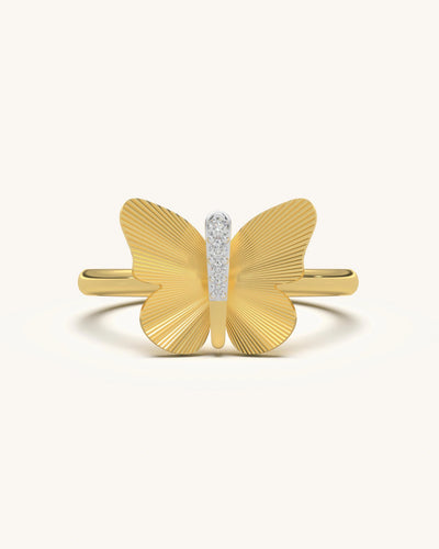 Elegant Butterfly Ring with textured gold wings and moissanite center on 18KT Gold Vermeil