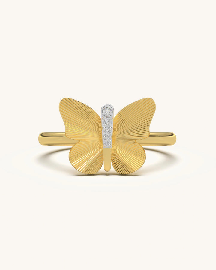 Elegant Butterfly Ring with textured gold wings and moissanite center on 18KT Gold Vermeil
