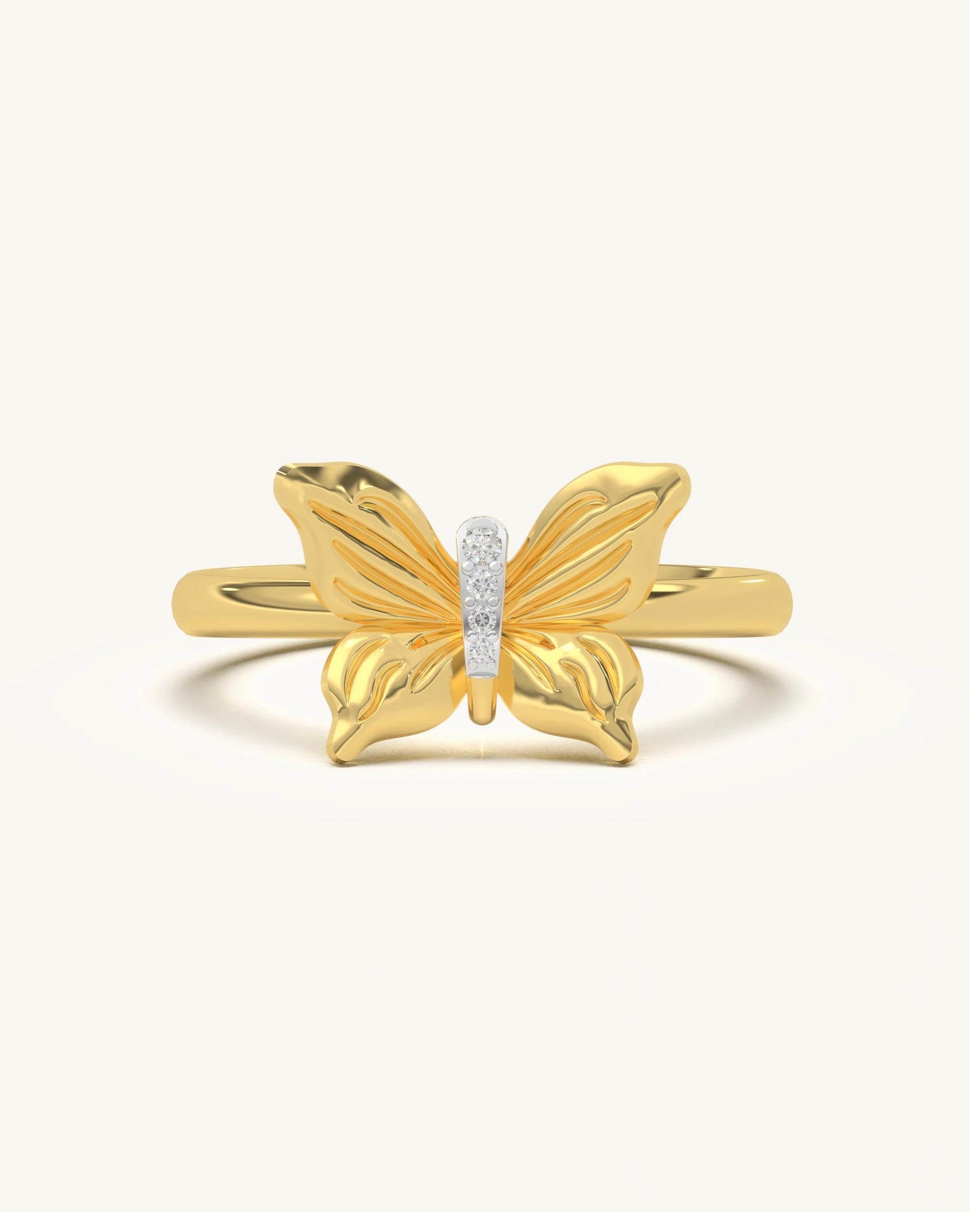 Textured Wing Ring in Gold Vermeil with Carved Butterfly Details and Diamond Line