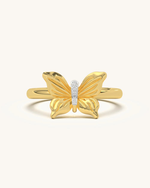 Textured Wing Ring in Gold Vermeil with Carved Butterfly Details and Diamond Line