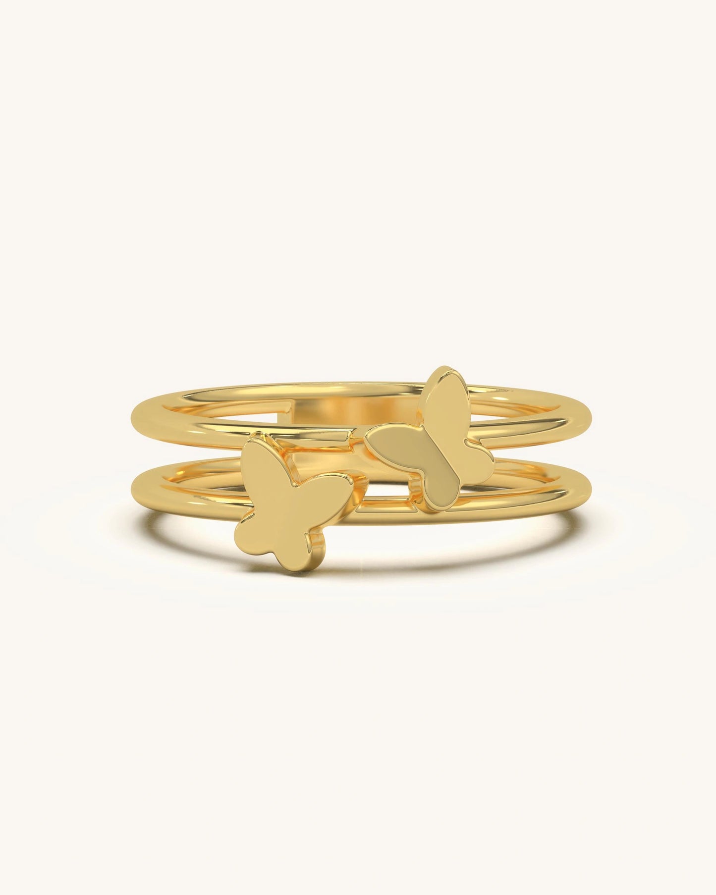 Double Band Ring in Gold Vermeil with Solid Butterfly Accents, Contemporary Style