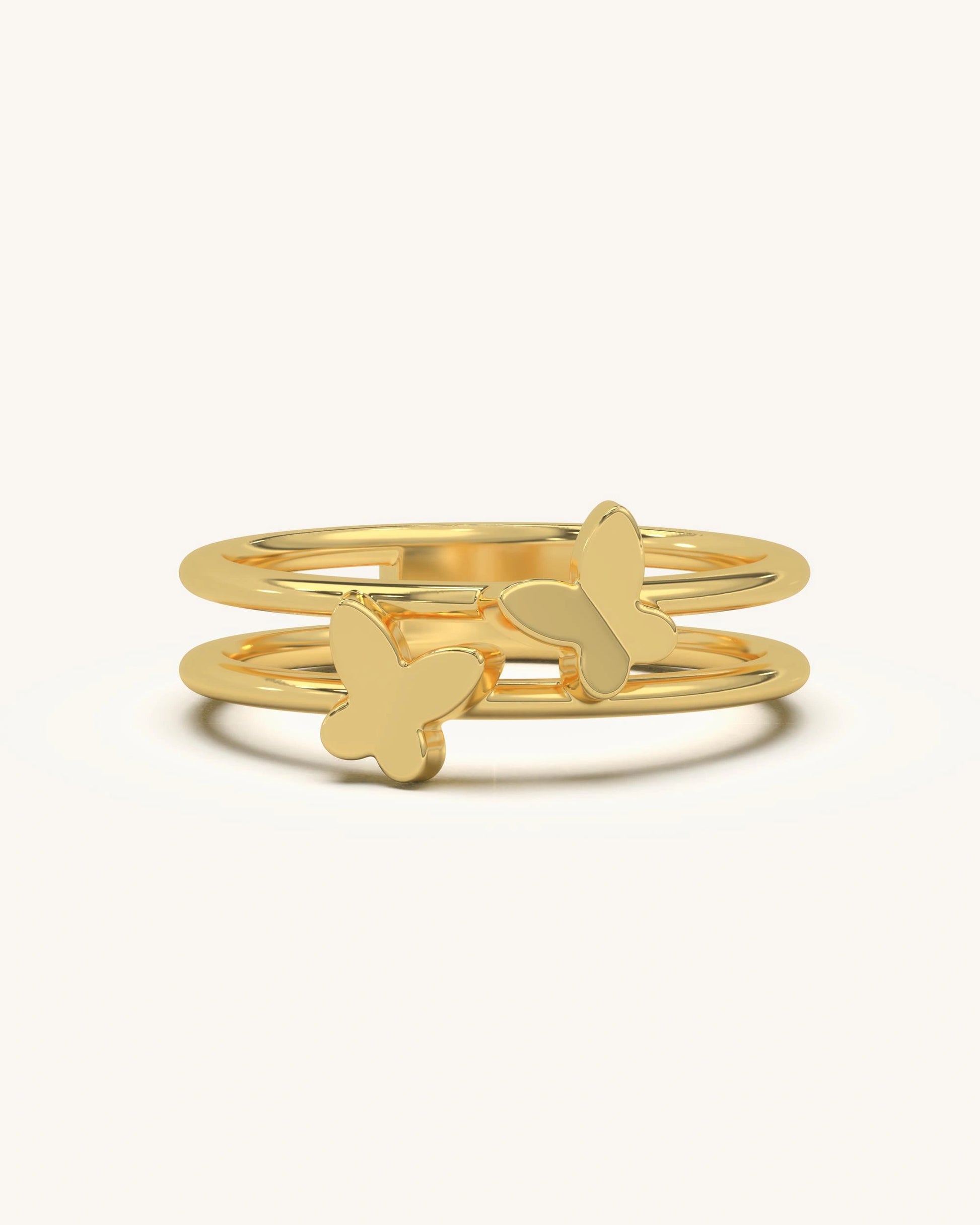 Double Band Ring in Gold Vermeil with Solid Butterfly Accents, Contemporary Style