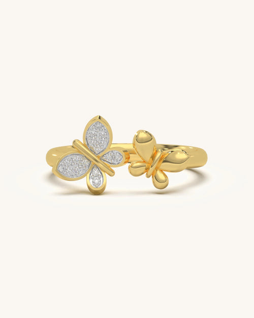 Twin Butterfly Ring in 18K Gold Vermeil with sparkling Moissanite stones, featuring a delicate open-ring design