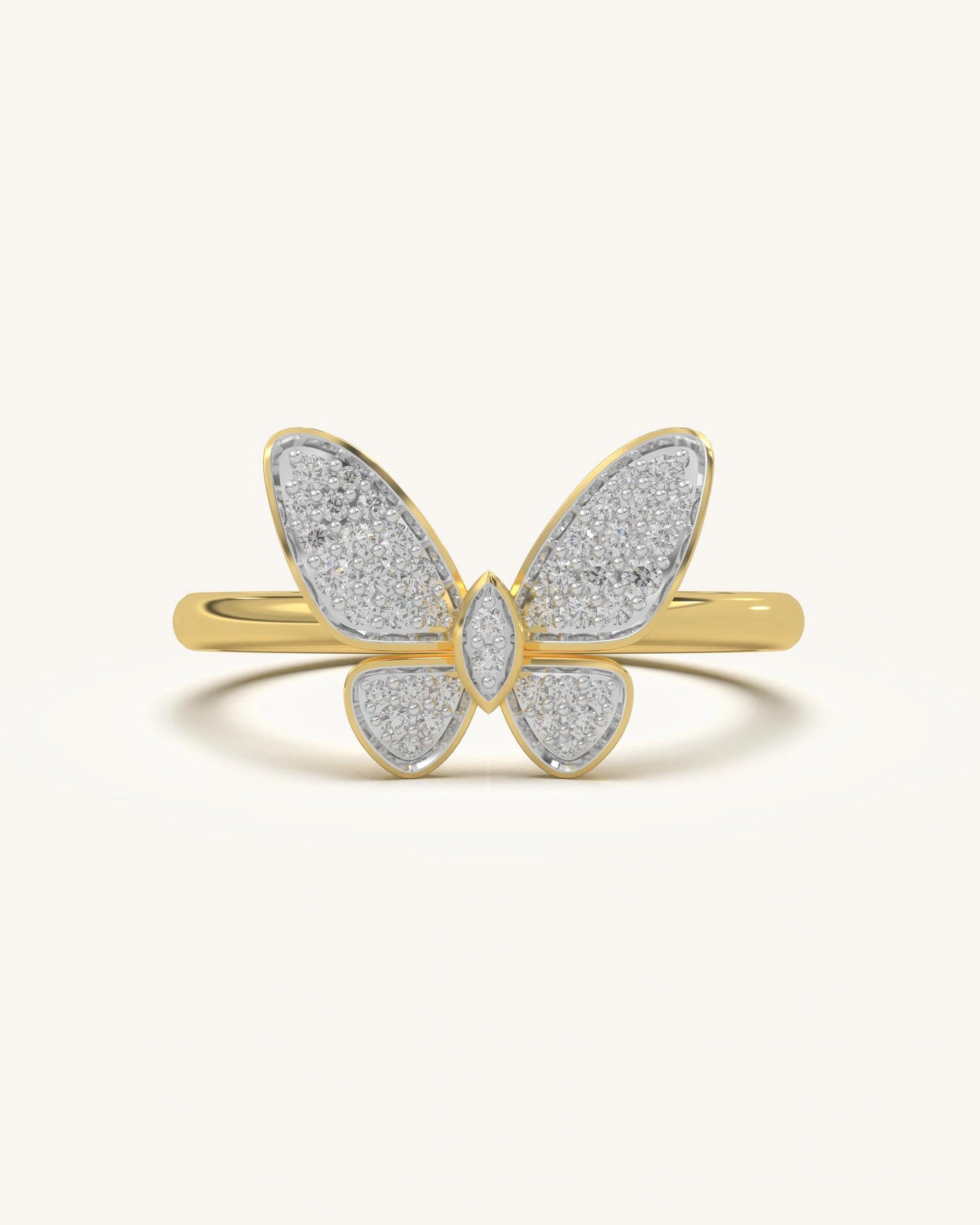 Classic Butterfly Ring with paved moissanite diamonds on rounded wings, set on an 18K Gold Vermeil band