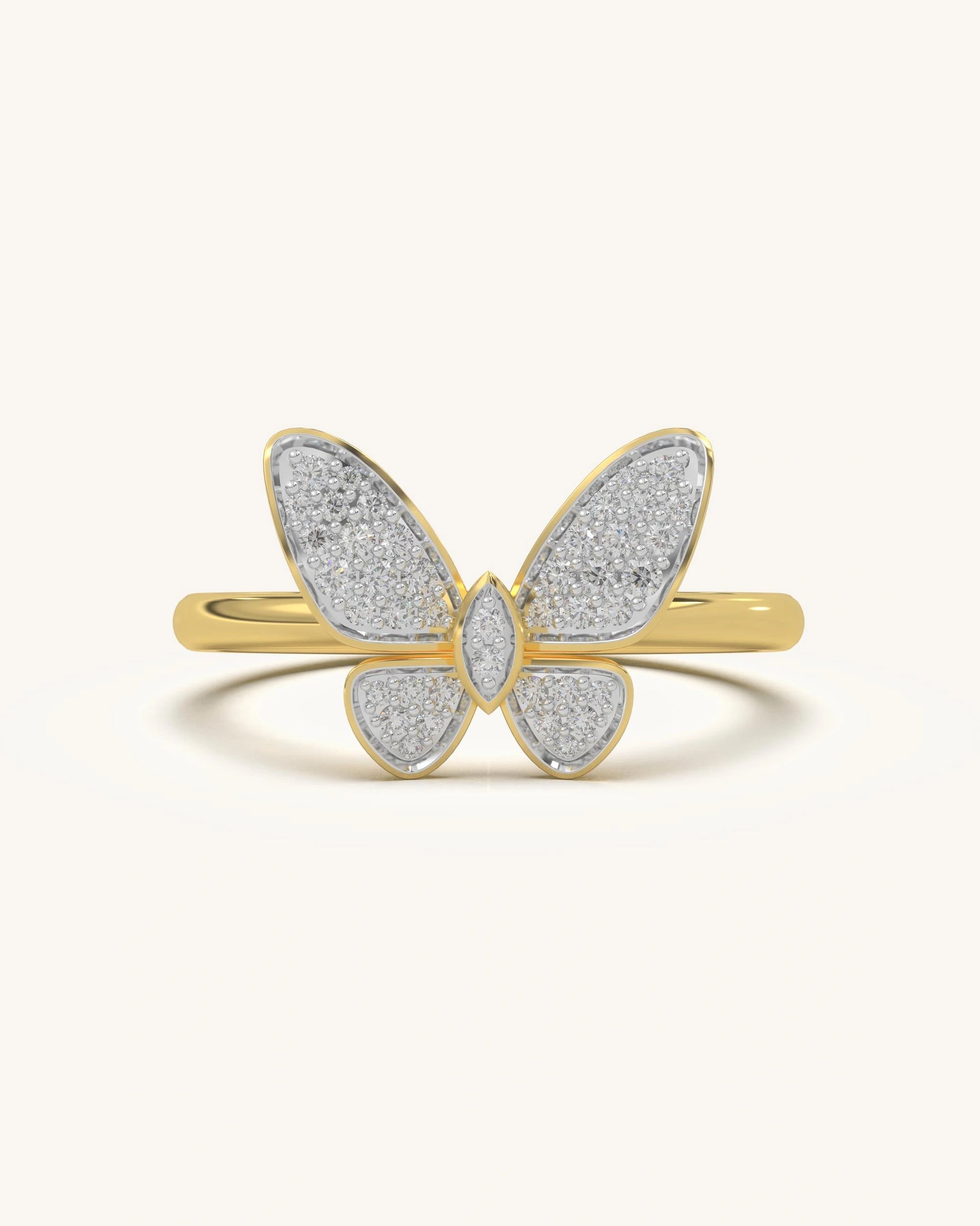 Classic Butterfly Ring with paved moissanite diamonds on rounded wings, set on an 18K Gold Vermeil band
