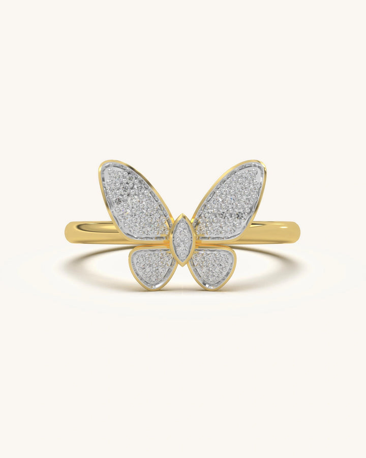 Classic Butterfly Ring with paved moissanite diamonds on rounded wings, set on an 18K Gold Vermeil band