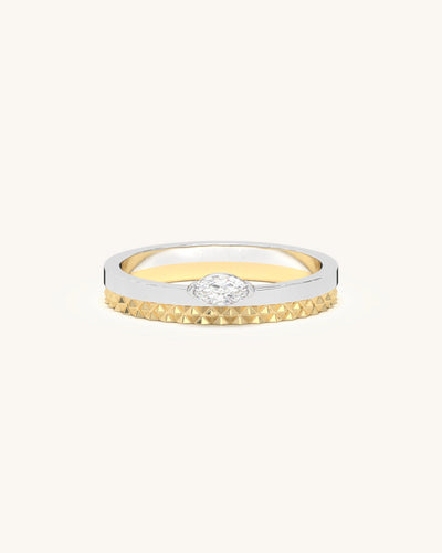Petite Marquis Glint Band crafted from 925 sterling silver with an 18KT gold vermeil finish, featuring a brilliant marquise-cut moissanite diamond.