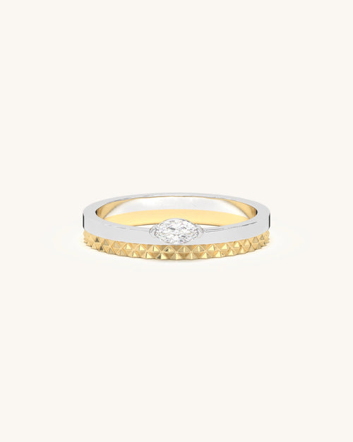 Petite Marquis Glint Band crafted from 925 sterling silver with an 18KT gold vermeil finish, featuring a brilliant marquise-cut moissanite diamond.