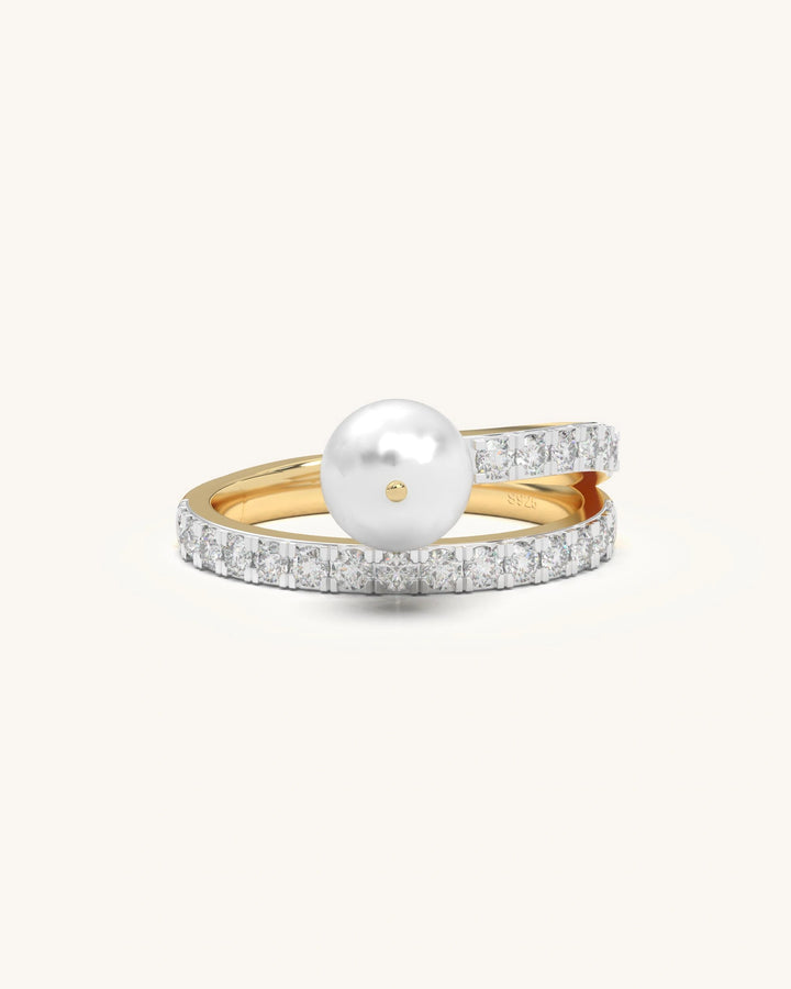 Dual Band Ring with pink gemstone, clear moissanite diamonds, and 18K Gold Vermeil 925 Sterling Silver
