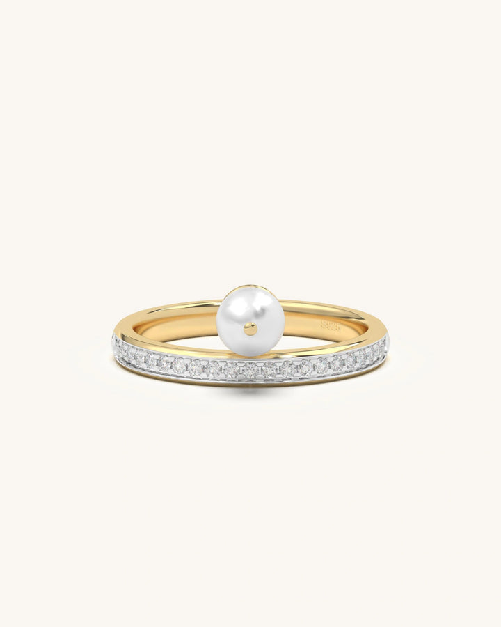 Diamond Pearl Ring in 925 Sterling Silver with 18K Gold Vermeil and Moissanite Diamonds