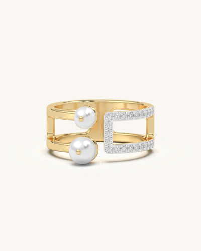 Bold Statement Pearl Ring with double pearls, square moissanite diamond frame, in 18K Gold Vermeil 925 Sterling Silver