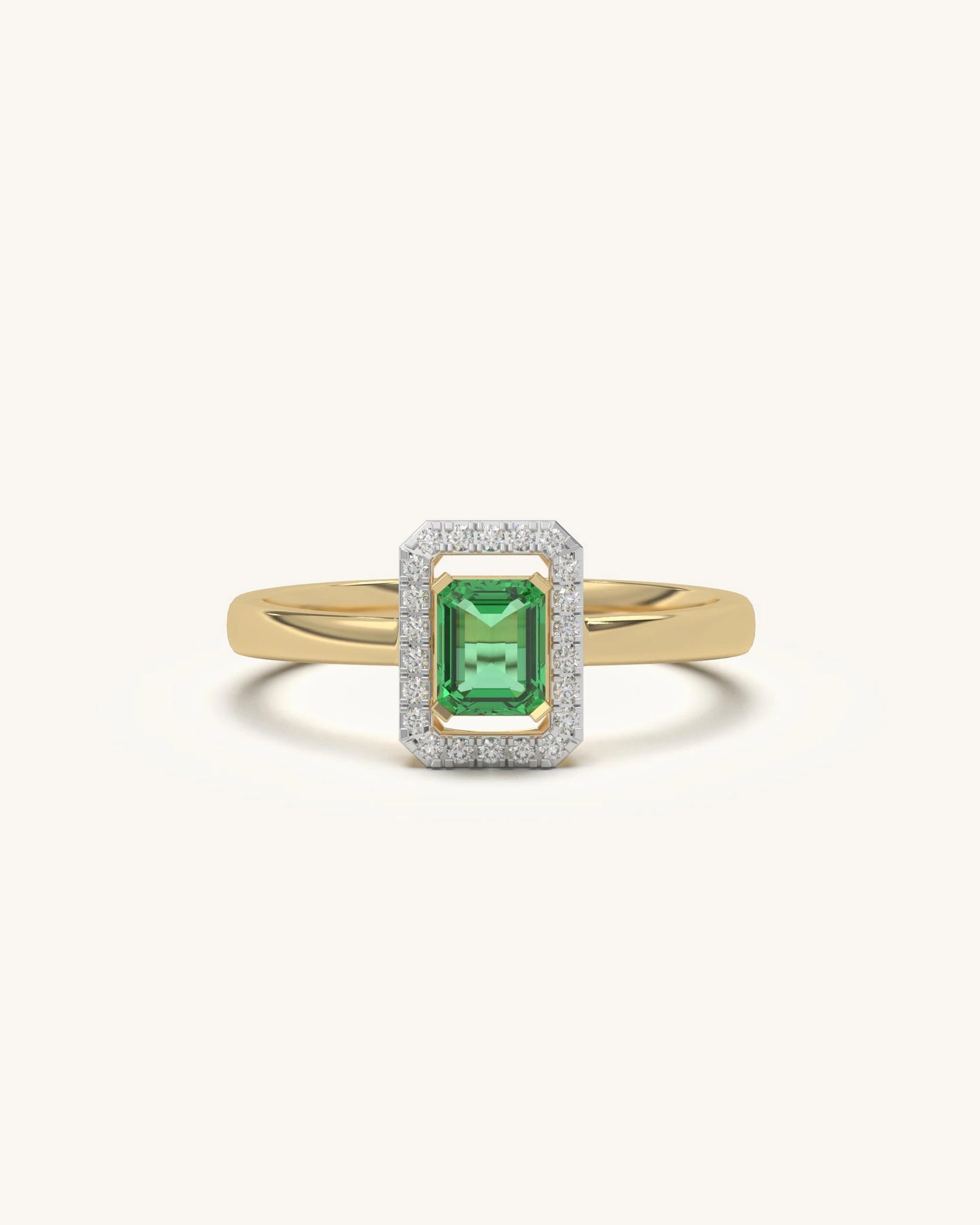 Emerald Halo Ring with Moissanite in 18K Gold Vermeil