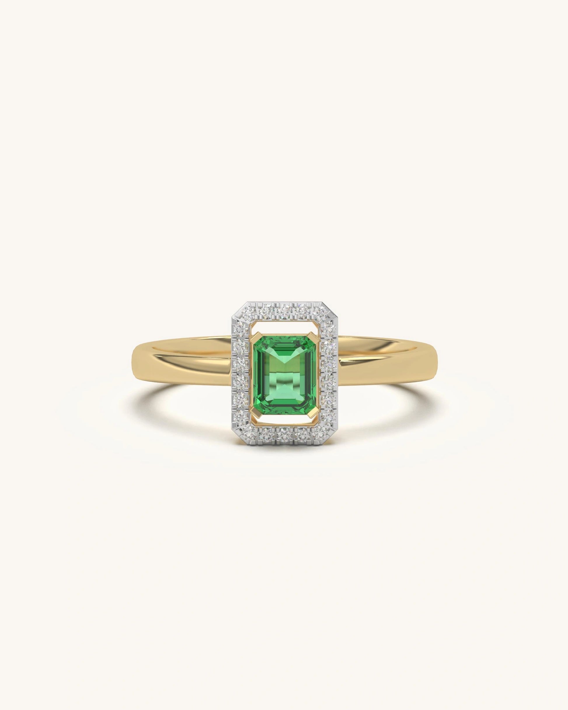Emerald Halo Ring with Moissanite in 18K Gold Vermeil