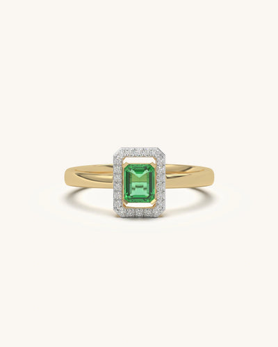 Emerald Halo Ring with Moissanite in 18K Gold Vermeil