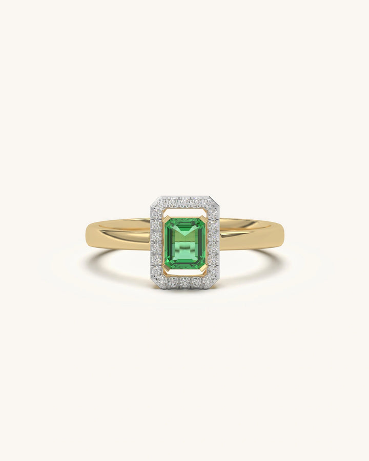 Emerald Halo Ring with Moissanite in 18K Gold Vermeil