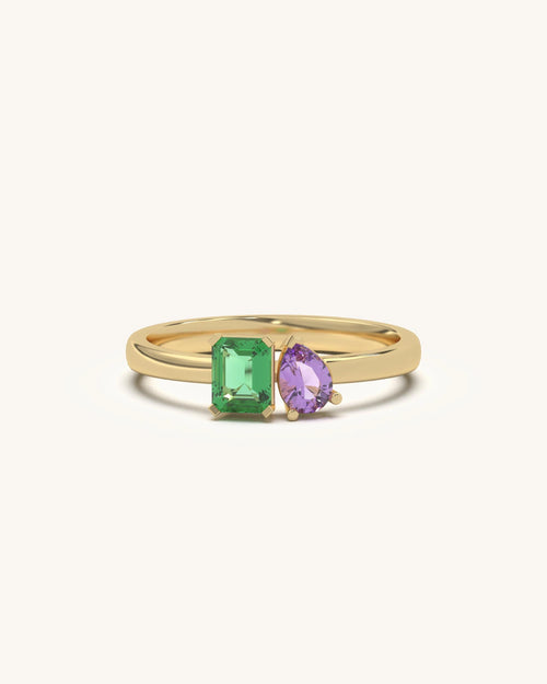 Toi et Moi Ring with Emerald & Pear Cut Sapphire Colorstones