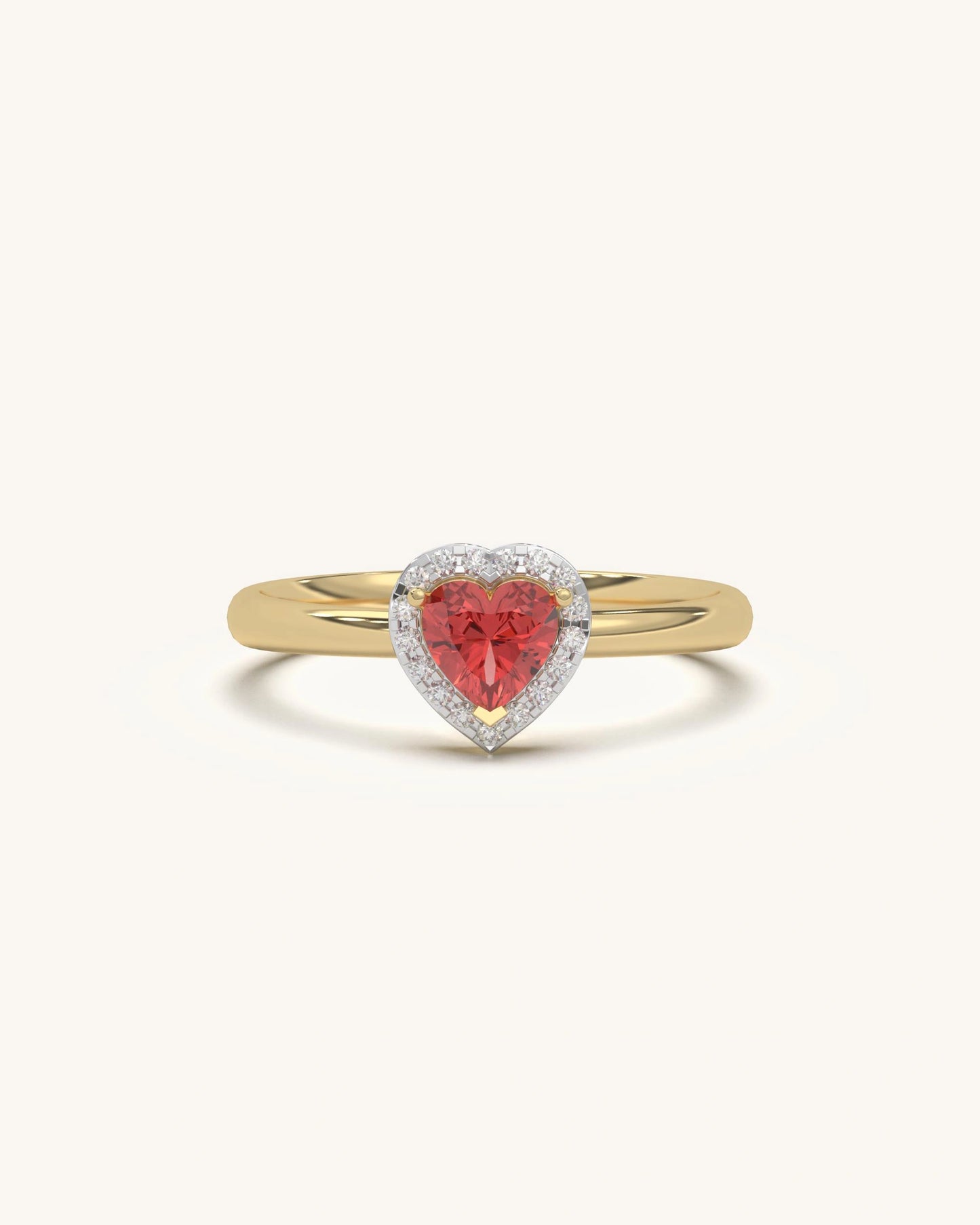 Heart Halo Moissanite Ring with Red Stone in 925 Sterling Silver 18KT Gold Vermeil