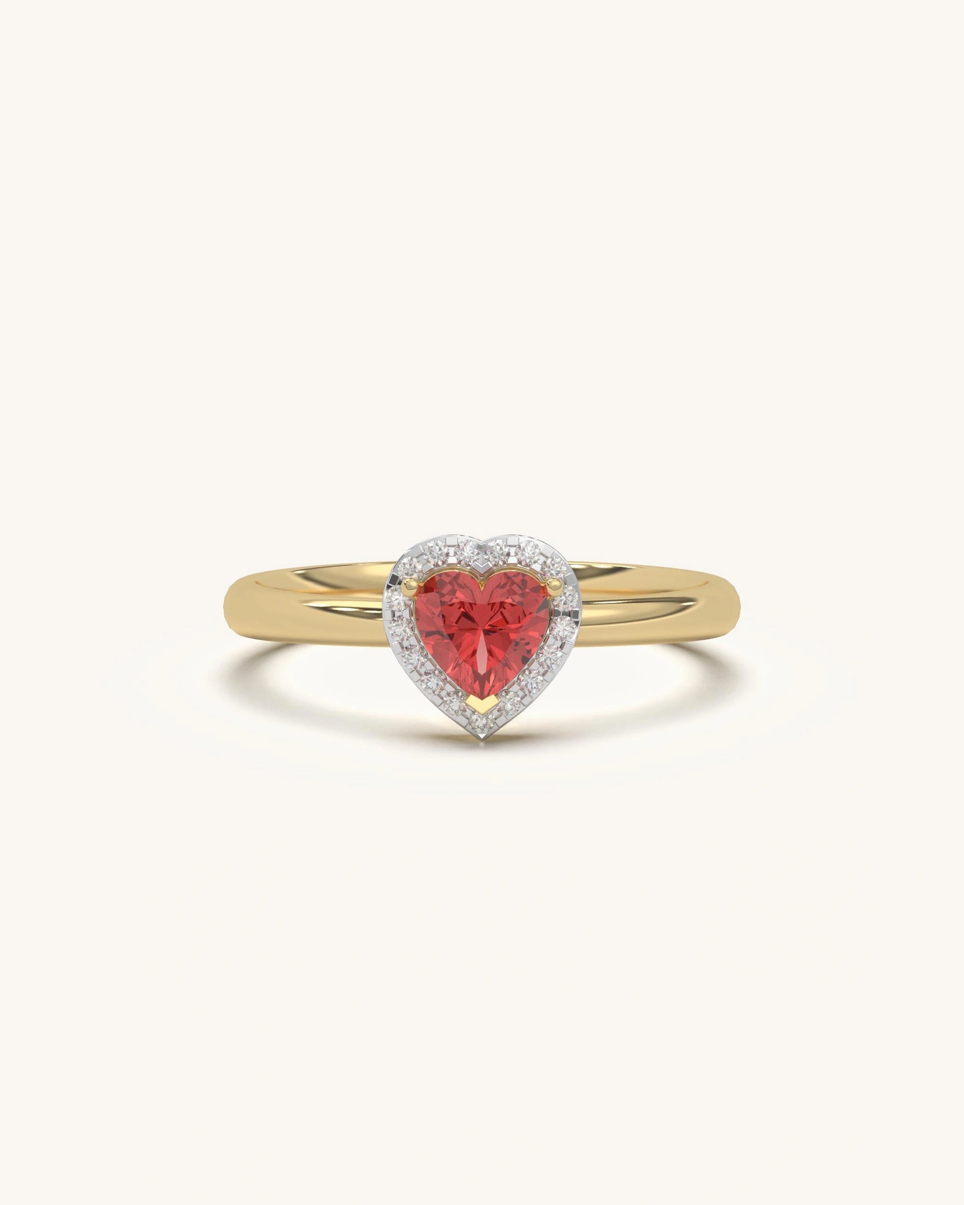 Heart Halo Moissanite Ring with Red Stone in 925 Sterling Silver 18KT Gold Vermeil