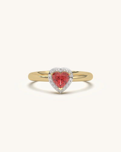 Heart Halo Moissanite Ring with Red Stone in 925 Sterling Silver 18KT Gold Vermeil