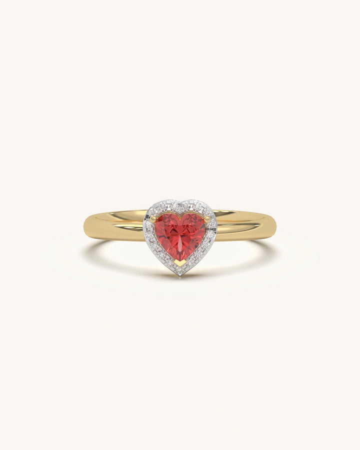 Heart Halo Moissanite Ring with Red Stone in 925 Sterling Silver 18KT Gold Vermeil