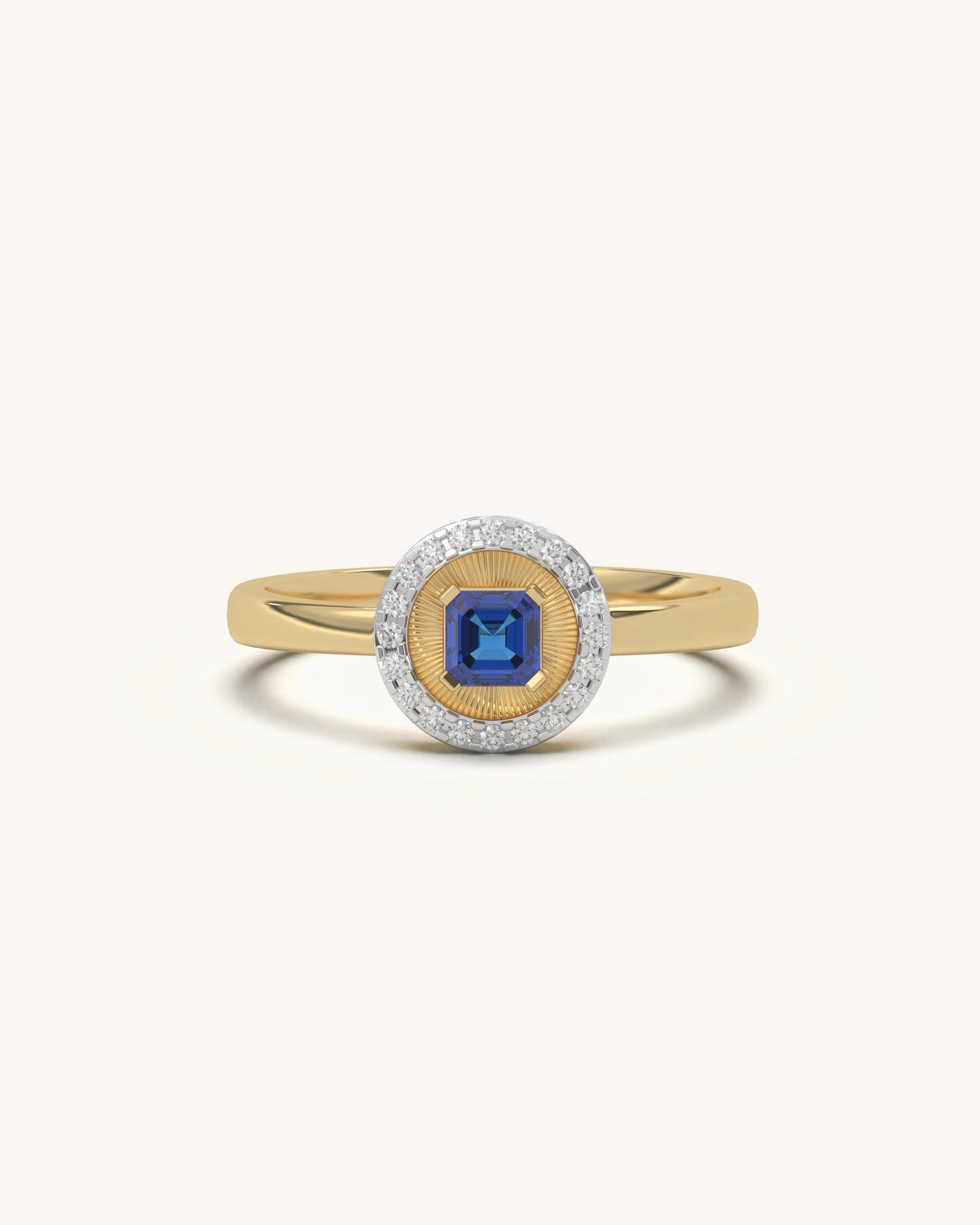 Sunburst Halo Ring with Blue Center Stone and Moissanite in Gold Vermeil Sterling Silver