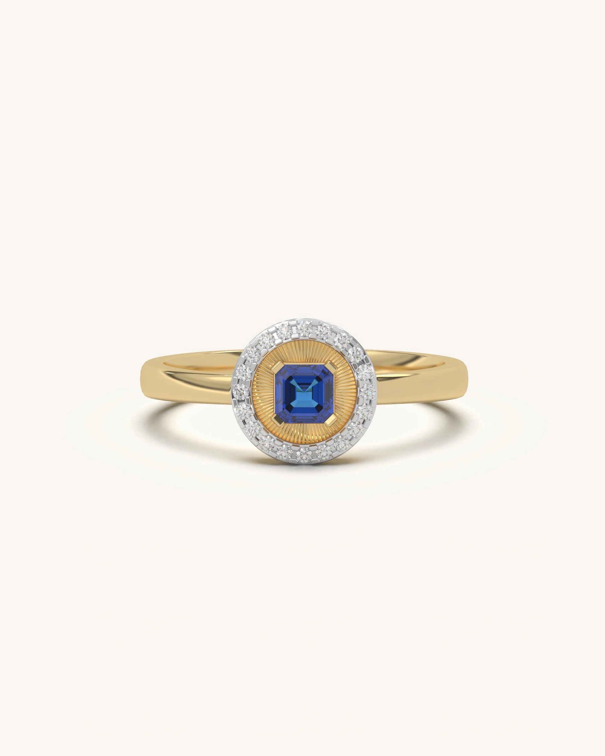 Sunburst Halo Ring with Blue Center Stone and Moissanite in Gold Vermeil Sterling Silver