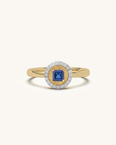 Sunburst Halo Ring with Blue Center Stone and Moissanite in Gold Vermeil Sterling Silver