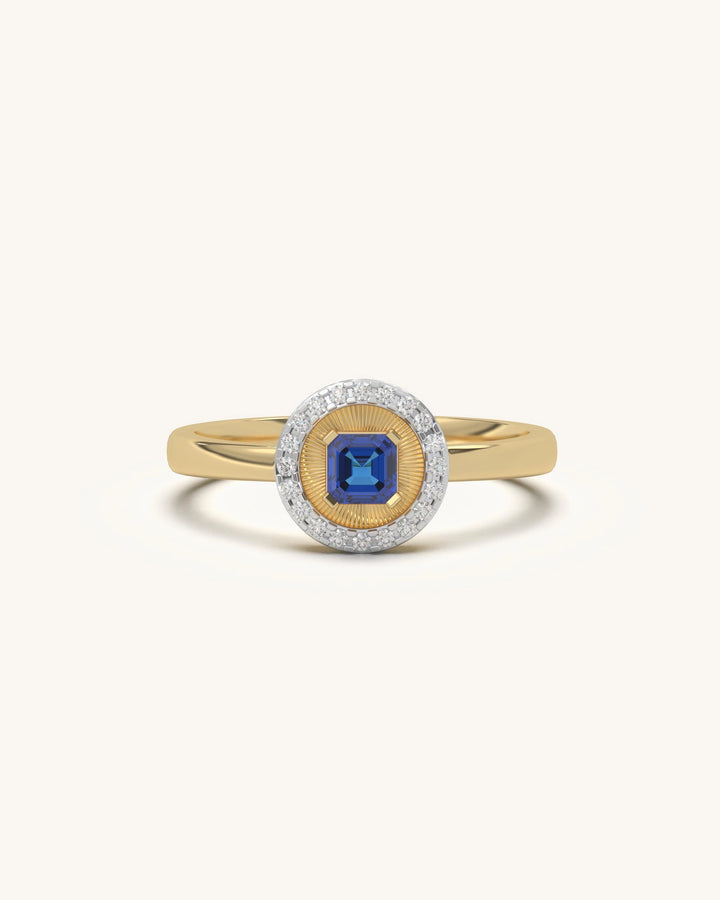Sunburst Halo Ring with Blue Center Stone and Moissanite in Gold Vermeil Sterling Silver