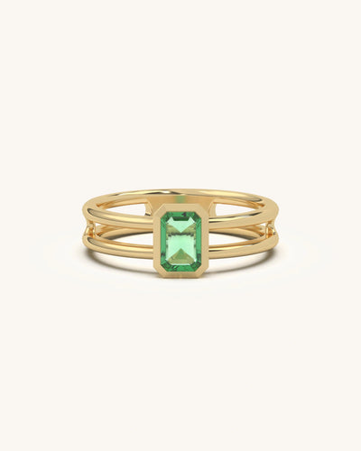 Double Band Solitaire Ring with emerald-cut green stone in 925 Sterling Silver 18K Gold Vermeil