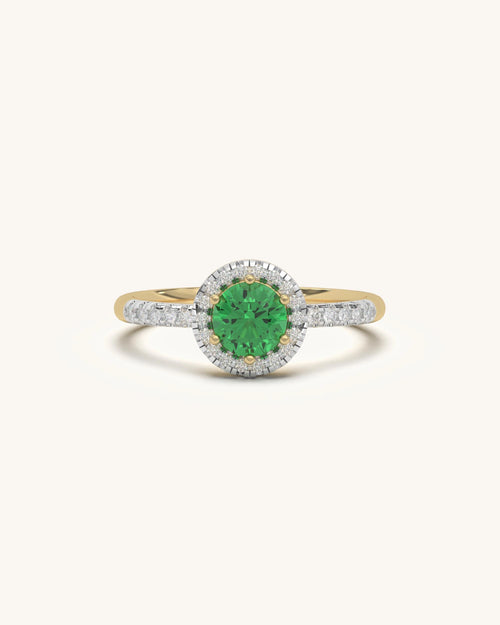 Green Halo Ring 925 Sterling Silver 18KT Gold Vermeil with Moissanite and Green Colorstone
