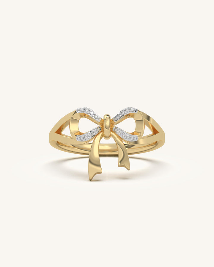 Dainty Dual Tone Bow Ring with moissanite accents, 925 sterling silver 18KT gold ver