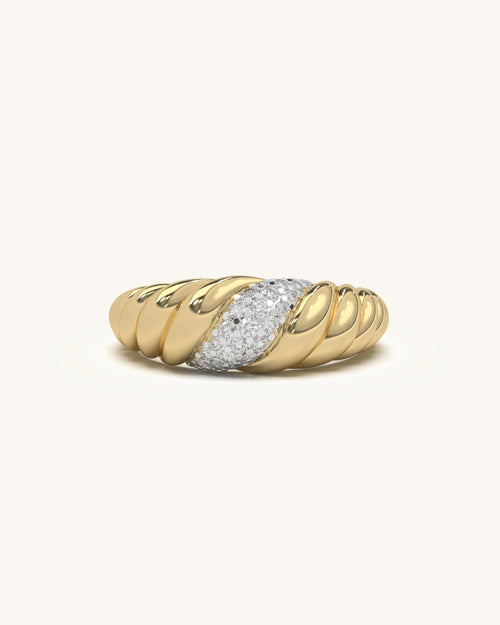 Gold-toned Wave Accent Ring with a single pave Moissanite diamond in 18K Gold Vermeil.
