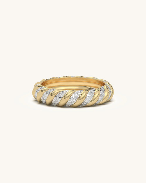 Luxurious twisted moissanite diamond band ring in 18K gold vermeil sterling silver, ideal for stacking.