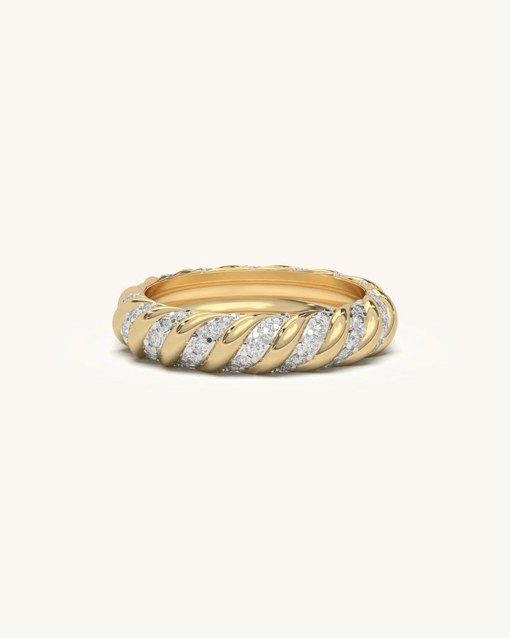 Luxurious twisted moissanite diamond band ring in 18K gold vermeil sterling silver, ideal for stacking.