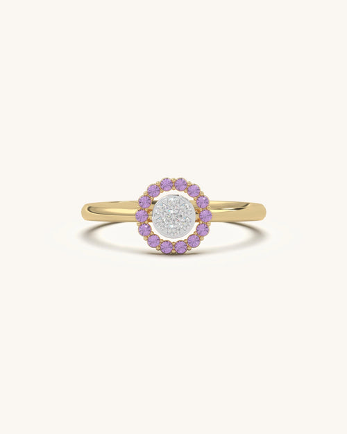 Elegant Pink Halo Diamond Ring with moissanite diamonds and pink stones in 925 Sterling Silver 18K Gold Vermeil