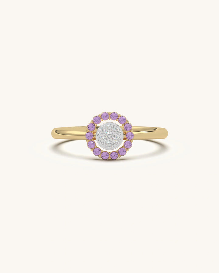 Elegant Pink Halo Diamond Ring with moissanite diamonds and pink stones in 925 Sterling Silver 18K Gold Vermeil